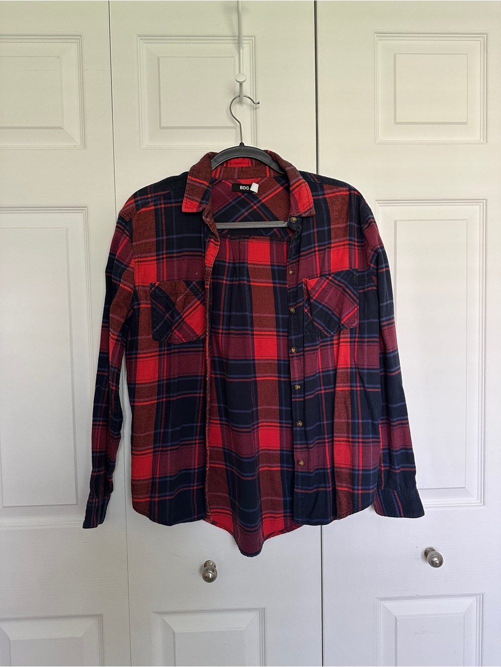 BDG Red and Navy Plaid Flannel Button-Down Shirt